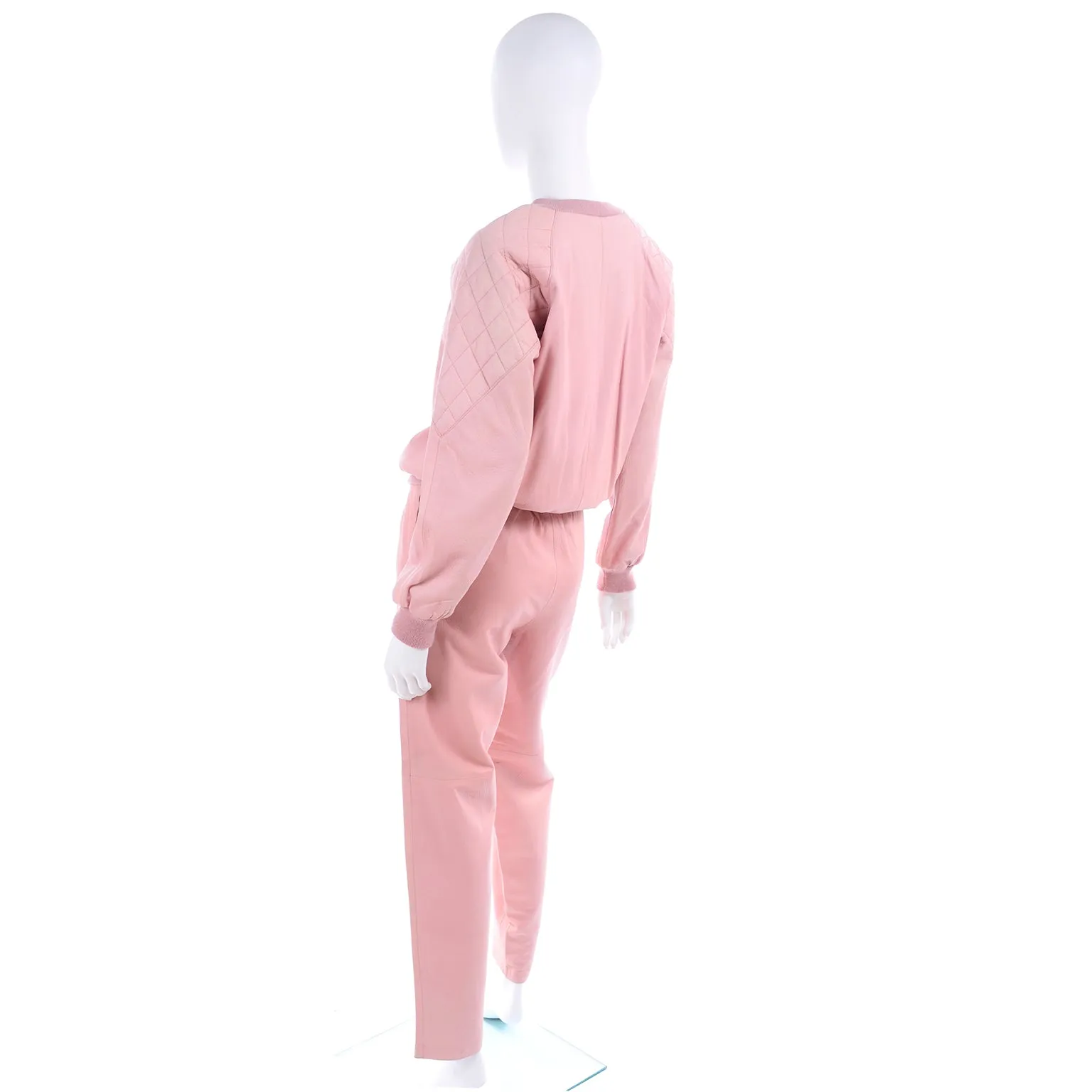 1980s Athleisure Pink Quilted Leather Vintage Tracksuit Sweatshirt Top & Pants