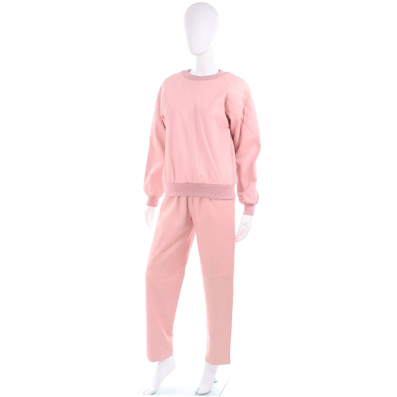 1980s Athleisure Pink Quilted Leather Vintage Tracksuit Sweatshirt Top & Pants