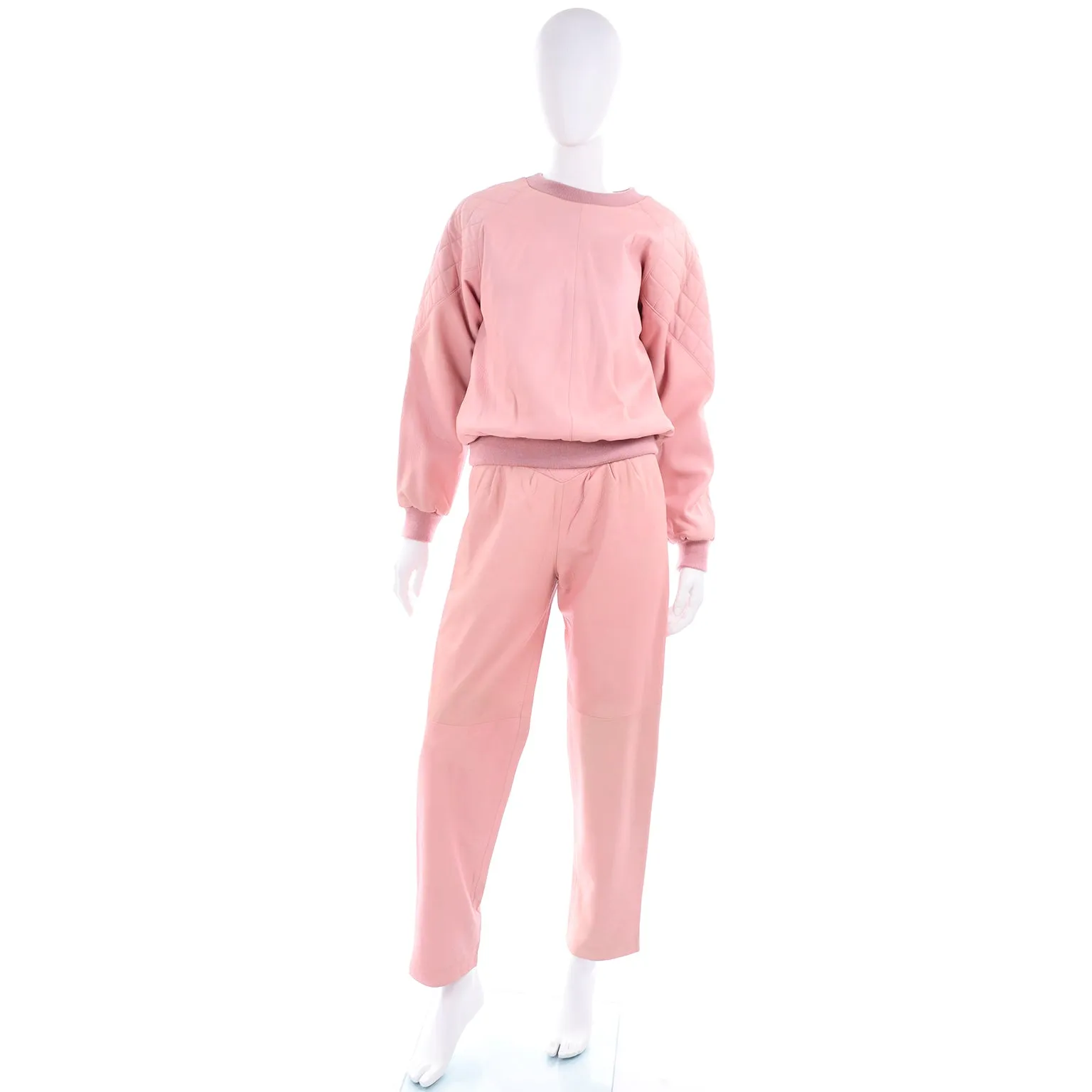 1980s Athleisure Pink Quilted Leather Vintage Tracksuit Sweatshirt Top & Pants