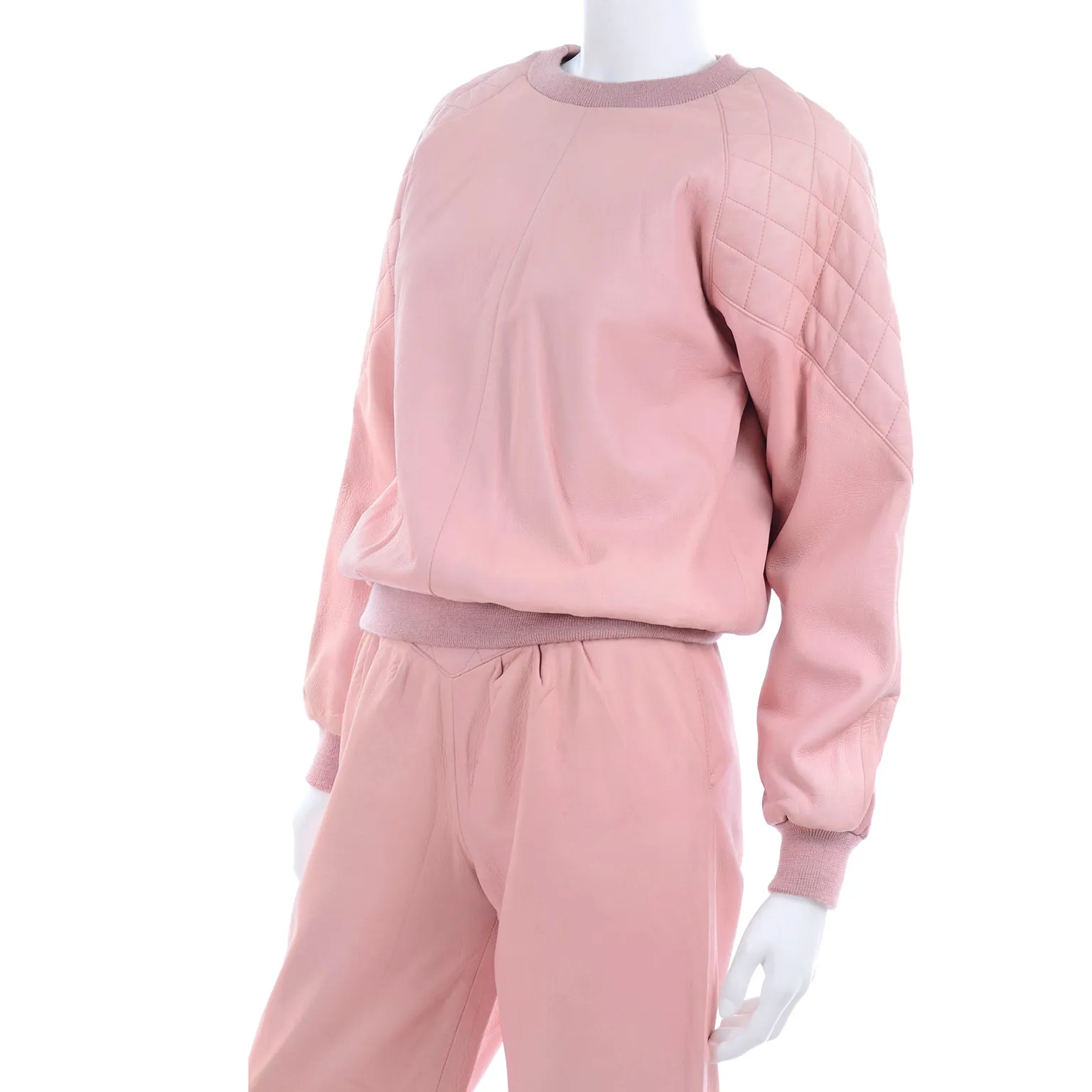 1980s Athleisure Pink Quilted Leather Vintage Tracksuit Sweatshirt Top & Pants
