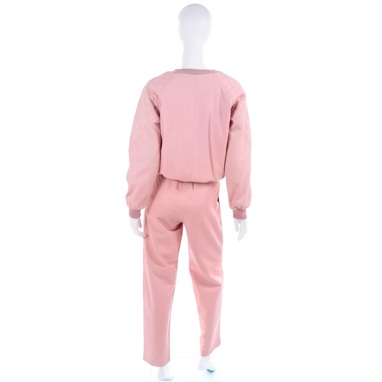 1980s Athleisure Pink Quilted Leather Vintage Tracksuit Sweatshirt Top & Pants