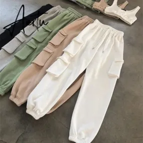 Aiertu Spring Autumn Vintage Patchwork Joggers Sweatpants Harajuku Woman Trousers Elastics High Waist Solid Pants 5 Colors
