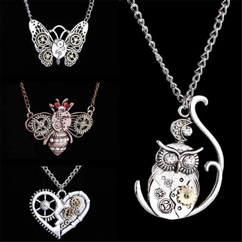 AILUOR Steampunk Gear Pendant Necklace, Punk Vintage Gothic Love Heart Owl Butterfly Bee Insect Chain Sweater Pendant Necklace Jewelry for Women Girl