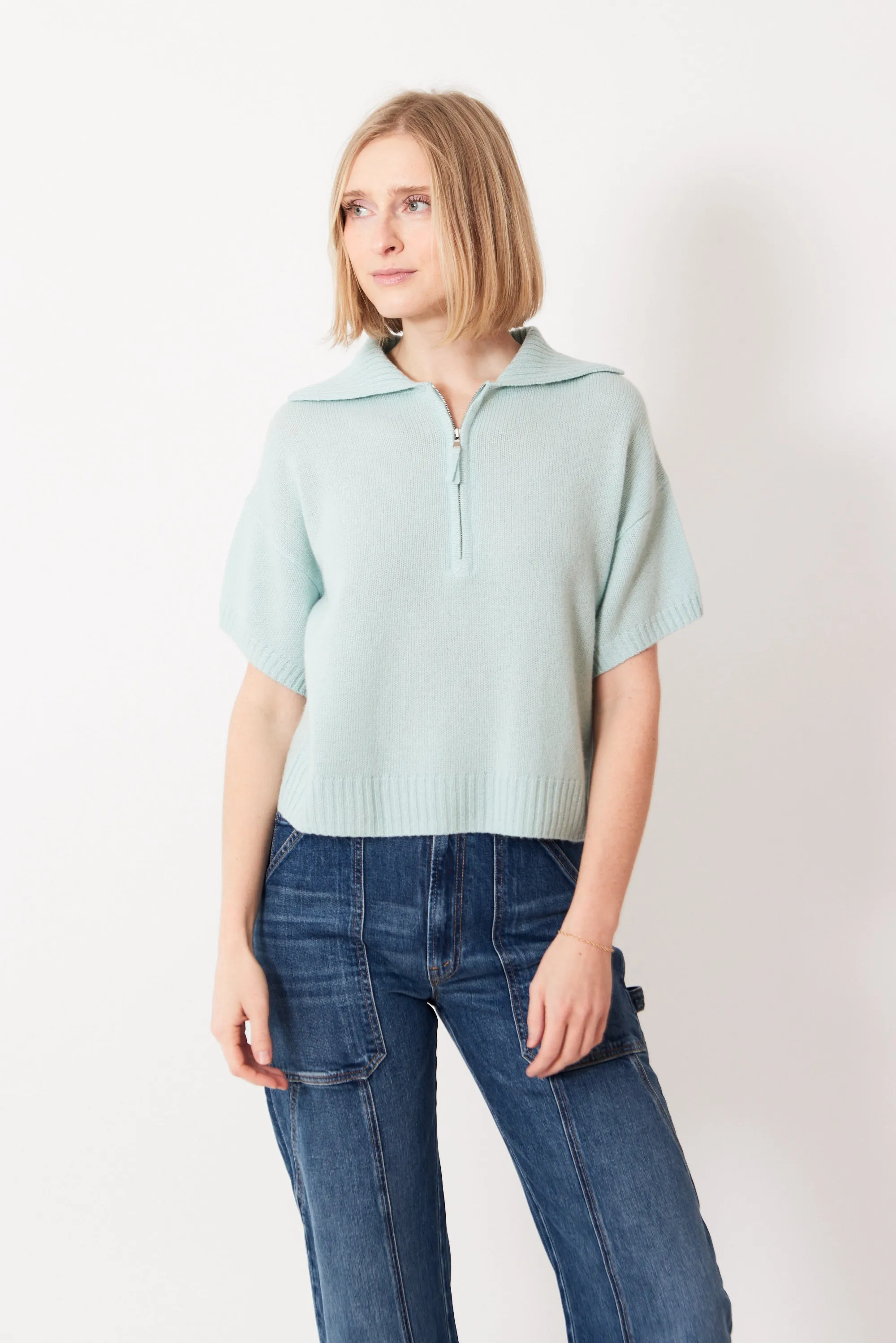 Allude Half Sleeve Half Zip Cashmere Polo Neck Sweater