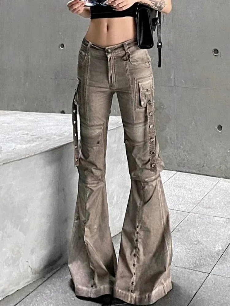 Back To School Joskaa American Retro Cargo Flared Jeans Women Harajuku Causal Oversize Pocket Low Waist Boot Cut Denim Pants Y2K Slouchy Jeans