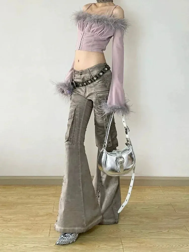 Back To School Joskaa American Retro Cargo Flared Jeans Women Harajuku Causal Oversize Pocket Low Waist Boot Cut Denim Pants Y2K Slouchy Jeans