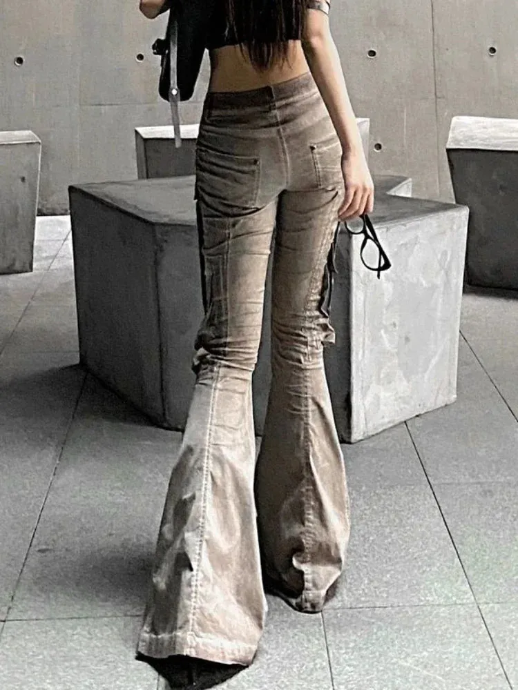 Back To School Joskaa American Retro Cargo Flared Jeans Women Harajuku Causal Oversize Pocket Low Waist Boot Cut Denim Pants Y2K Slouchy Jeans