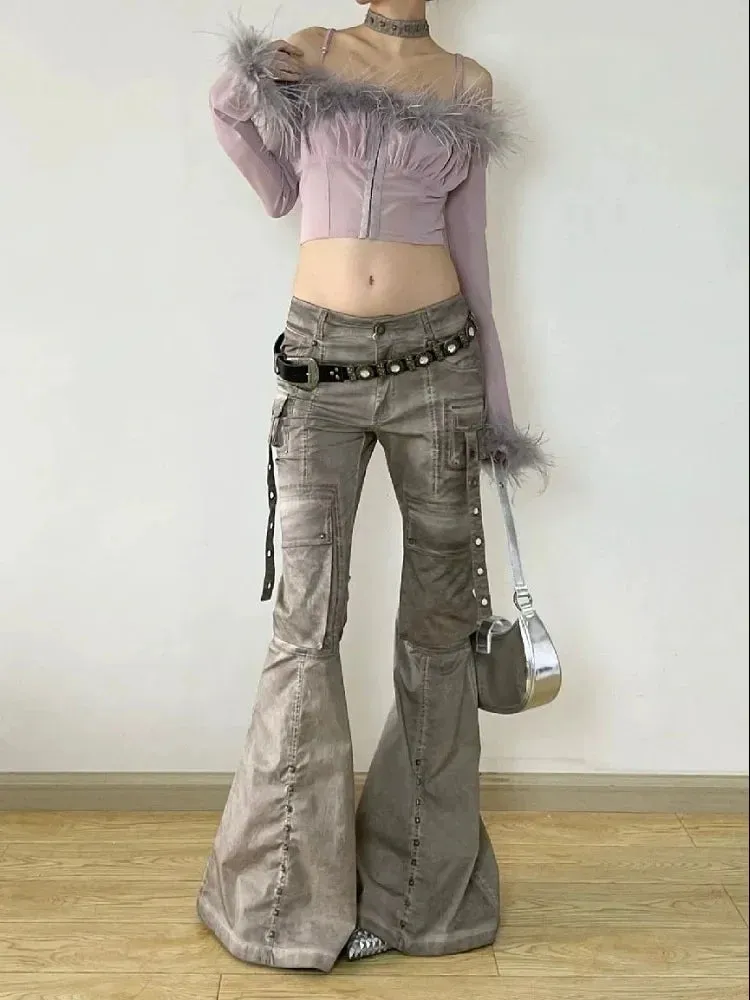 Back To School Joskaa American Retro Cargo Flared Jeans Women Harajuku Causal Oversize Pocket Low Waist Boot Cut Denim Pants Y2K Slouchy Jeans