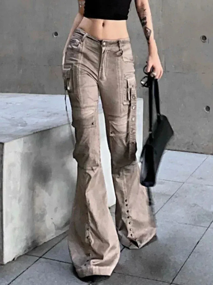 Back To School Joskaa American Retro Cargo Flared Jeans Women Harajuku Causal Oversize Pocket Low Waist Boot Cut Denim Pants Y2K Slouchy Jeans