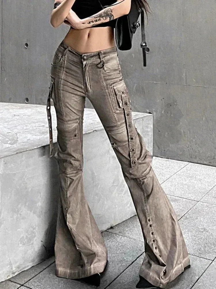 Back To School Joskaa American Retro Cargo Flared Jeans Women Harajuku Causal Oversize Pocket Low Waist Boot Cut Denim Pants Y2K Slouchy Jeans