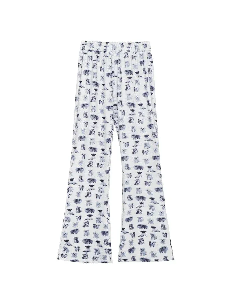 Back To School Sonicelife Y2k Kawaii Cat Print Flared Pants Women Cute Dog Graphic Sweatpants Japanese Harajuku High Waist Bell Bottoms Trousers