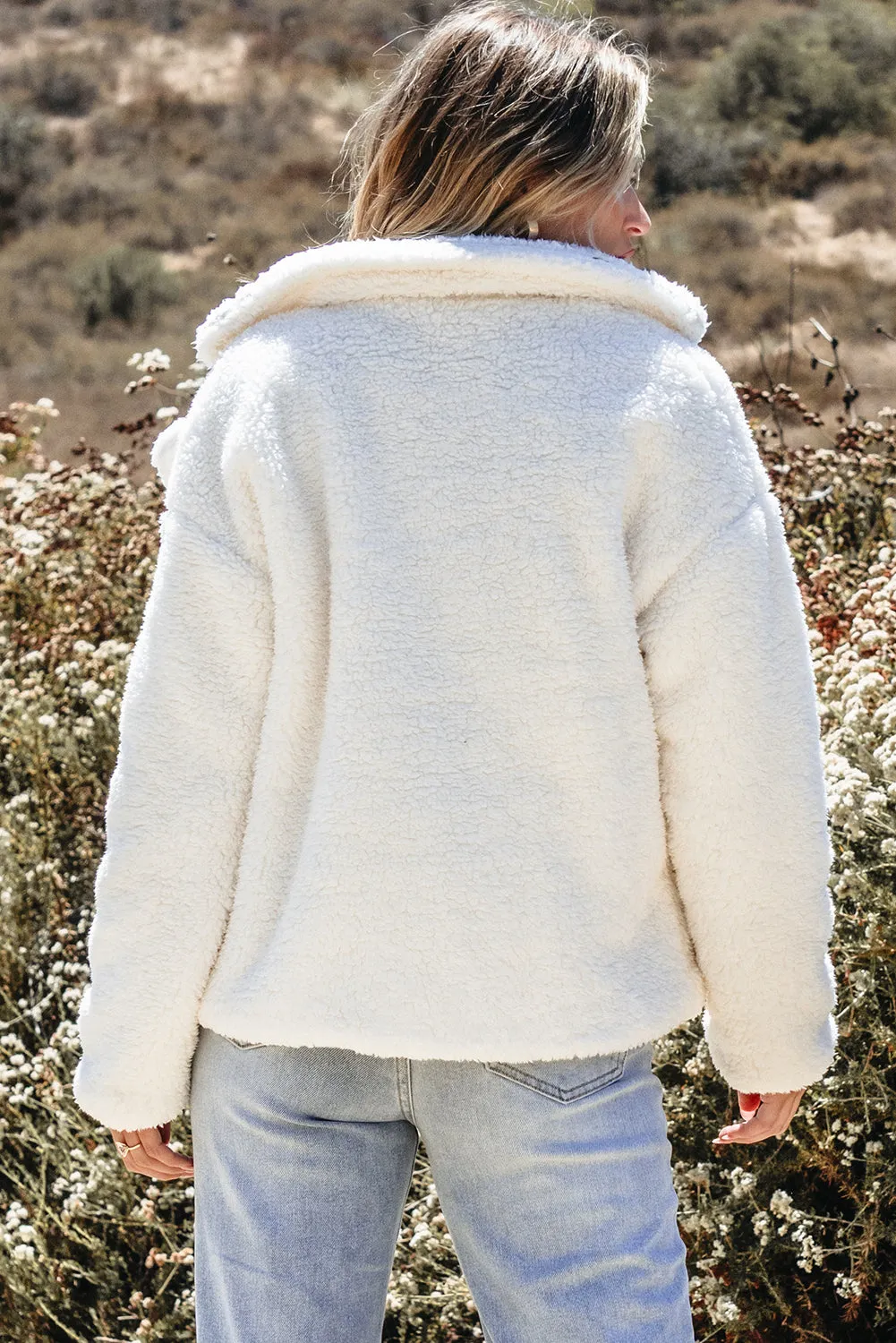 Blue Zone Planet |  Beige Faux Fur Button Pocketed Lapel Collar Jacket