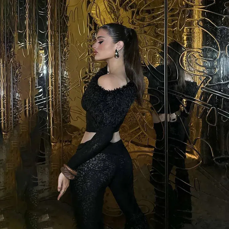Bonnyshow Autumn and Winter Women's New Sexy Fur Collar Long Sleeve T-Shirt High Waist Slim Pants Suit Women's Club Clothing