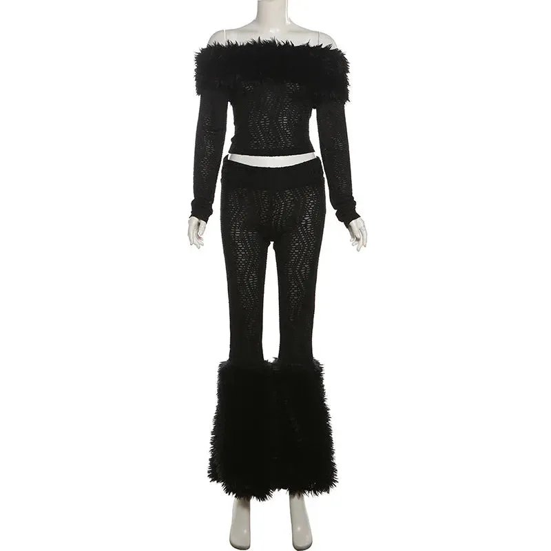 Bonnyshow Autumn and Winter Women's New Sexy Fur Collar Long Sleeve T-Shirt High Waist Slim Pants Suit Women's Club Clothing