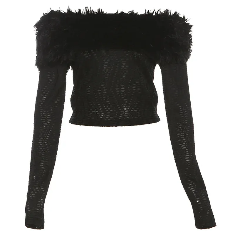 Bonnyshow Autumn and Winter Women's New Sexy Fur Collar Long Sleeve T-Shirt High Waist Slim Pants Suit Women's Club Clothing