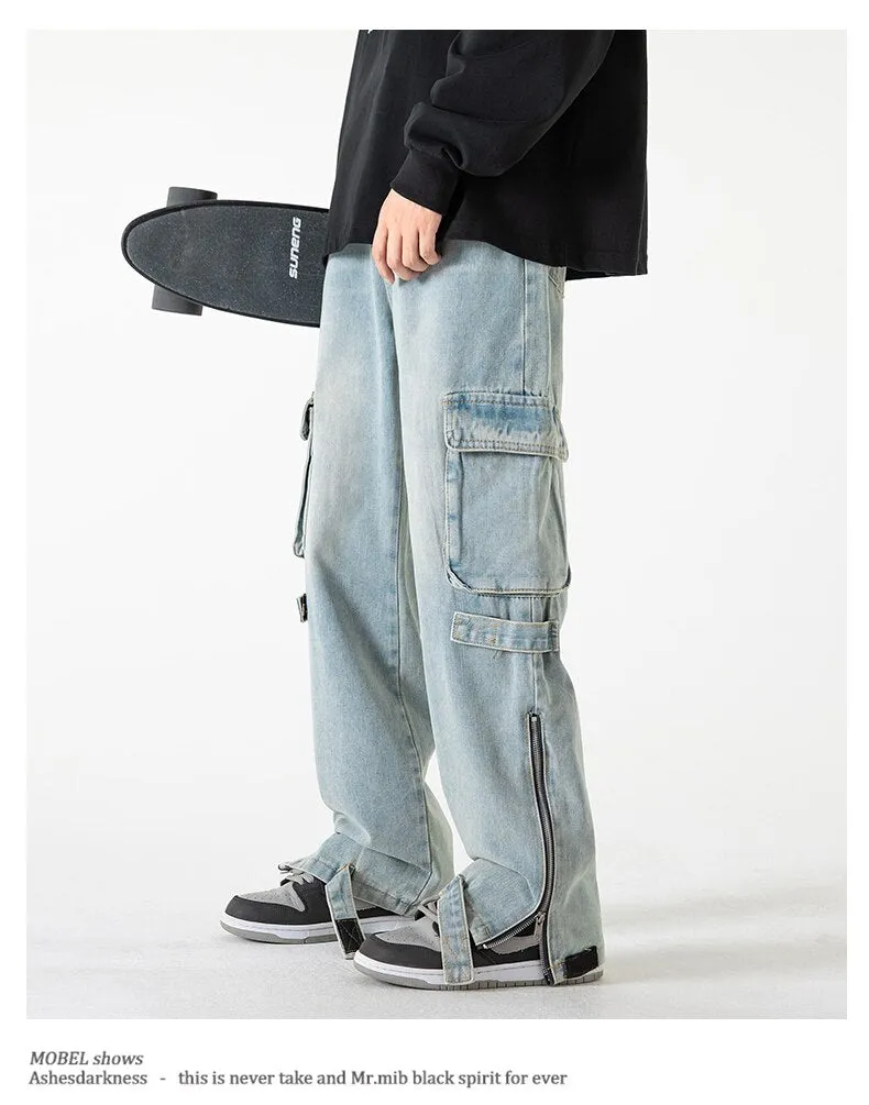Bonsir Baggy Cargo Jeans big pocket Trousers Male Denim Pants Flared Pant women's Jeans Loose Casual Streetwear Hip Hop Harajuku