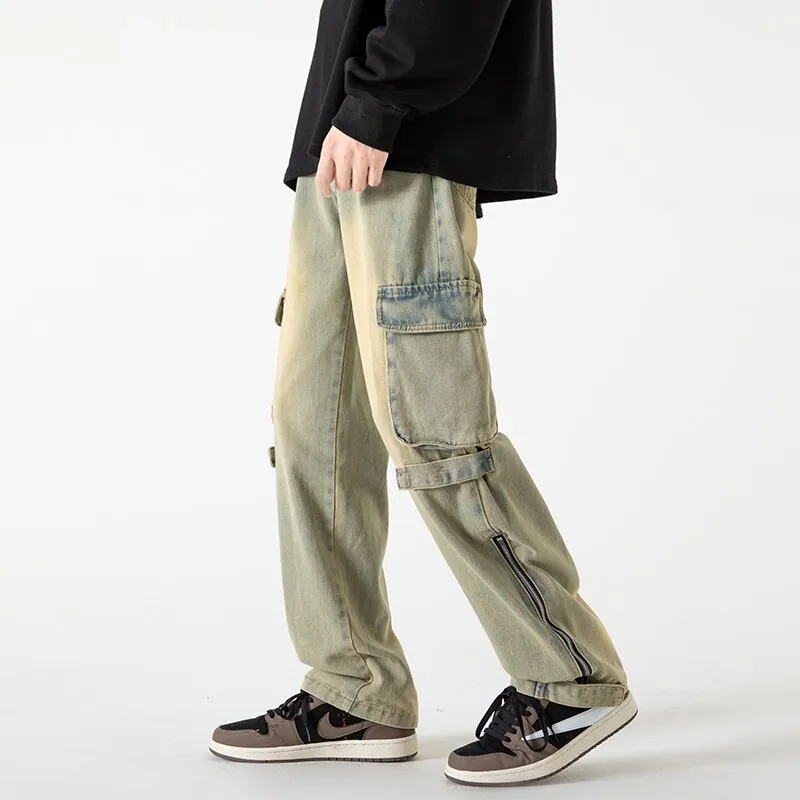 Bonsir Baggy Cargo Jeans big pocket Trousers Male Denim Pants Flared Pant women's Jeans Loose Casual Streetwear Hip Hop Harajuku