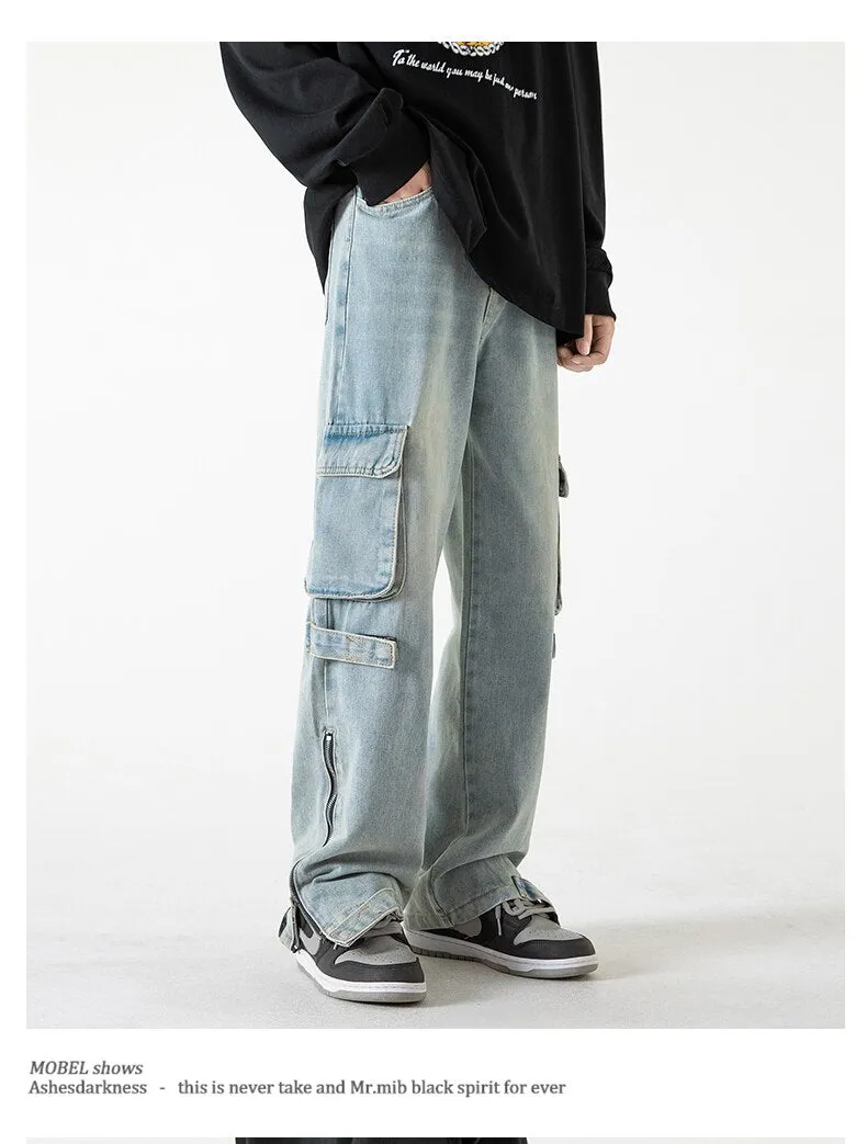 Bonsir Baggy Cargo Jeans big pocket Trousers Male Denim Pants Flared Pant women's Jeans Loose Casual Streetwear Hip Hop Harajuku