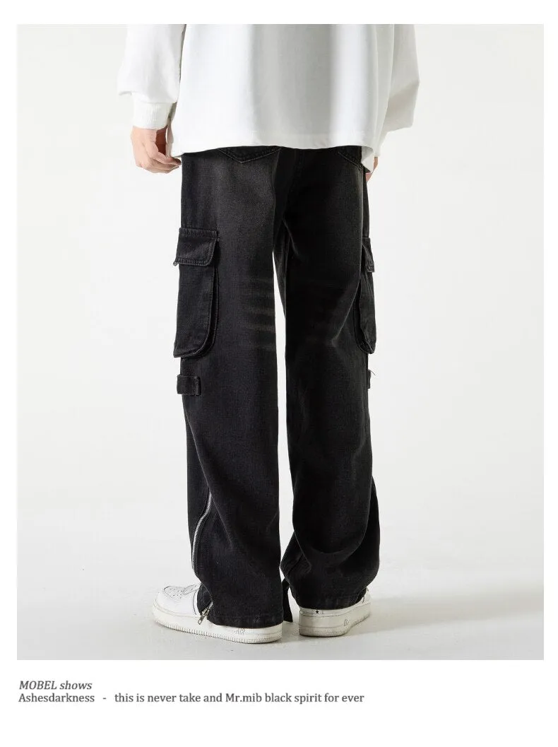 Bonsir Baggy Cargo Jeans big pocket Trousers Male Denim Pants Flared Pant women's Jeans Loose Casual Streetwear Hip Hop Harajuku