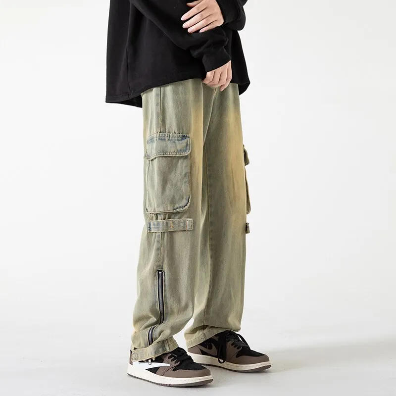 Bonsir Baggy Cargo Jeans big pocket Trousers Male Denim Pants Flared Pant women's Jeans Loose Casual Streetwear Hip Hop Harajuku