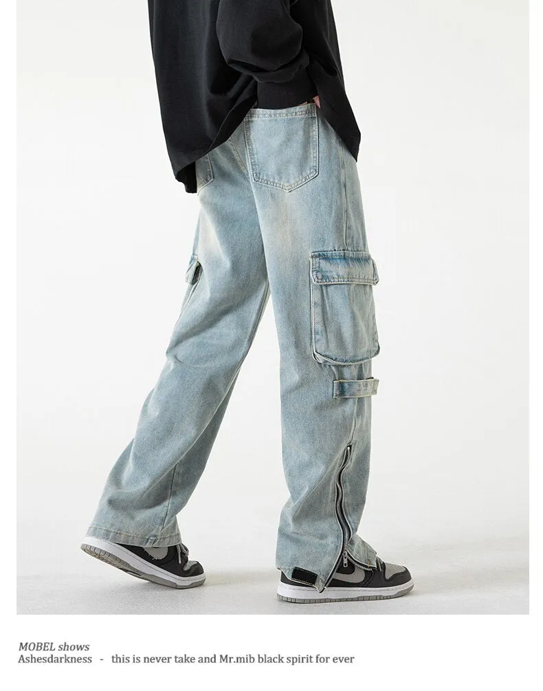 Bonsir Baggy Cargo Jeans big pocket Trousers Male Denim Pants Flared Pant women's Jeans Loose Casual Streetwear Hip Hop Harajuku