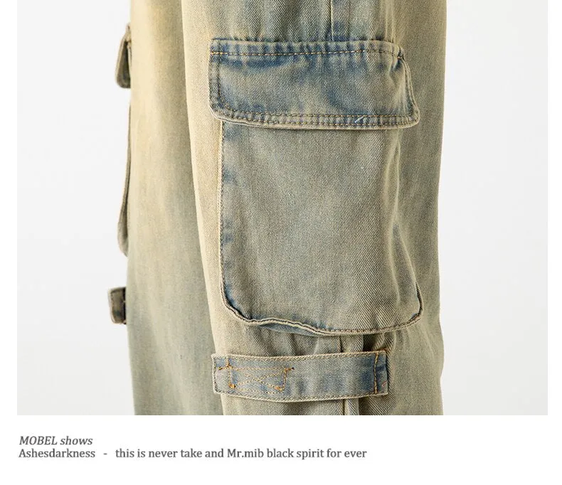 Bonsir Baggy Cargo Jeans big pocket Trousers Male Denim Pants Flared Pant women's Jeans Loose Casual Streetwear Hip Hop Harajuku