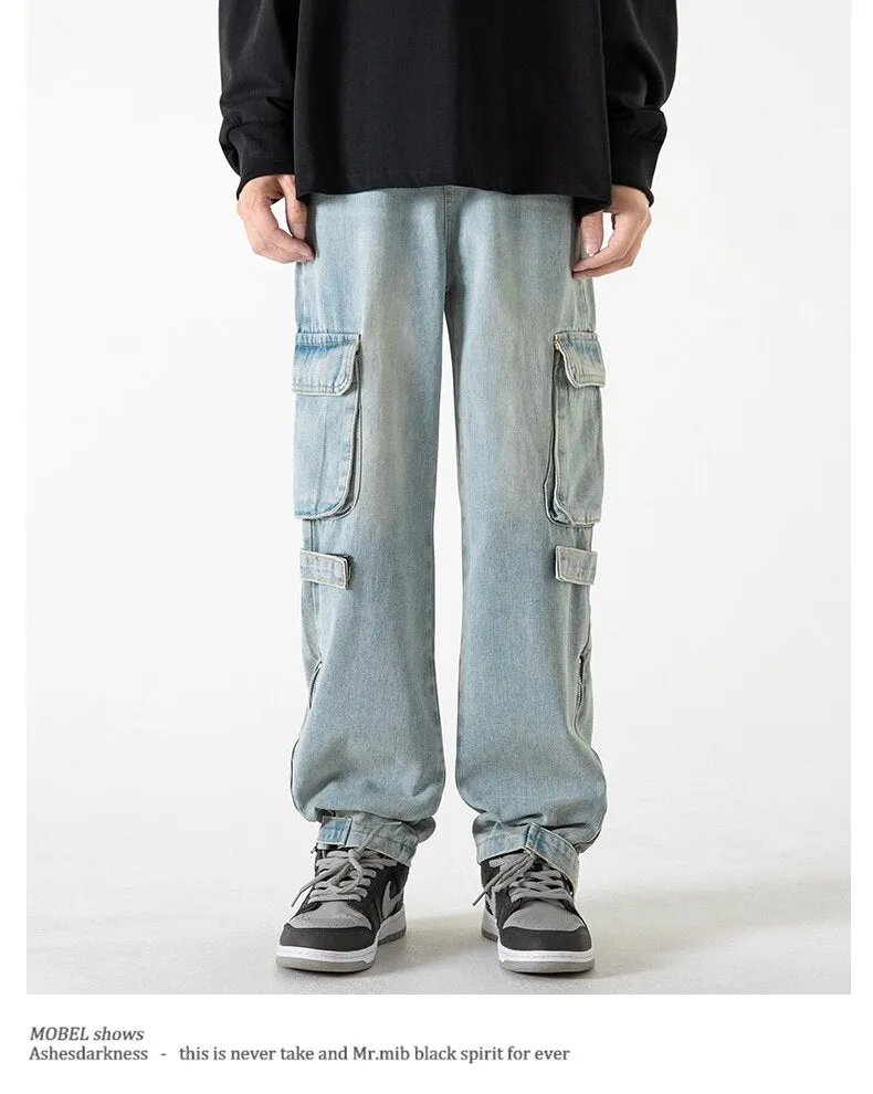 Bonsir Baggy Cargo Jeans big pocket Trousers Male Denim Pants Flared Pant women's Jeans Loose Casual Streetwear Hip Hop Harajuku