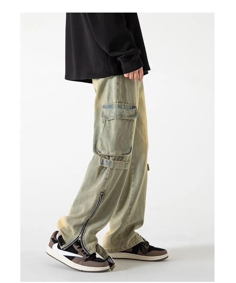 Bonsir Baggy Cargo Jeans big pocket Trousers Male Denim Pants Flared Pant women's Jeans Loose Casual Streetwear Hip Hop Harajuku