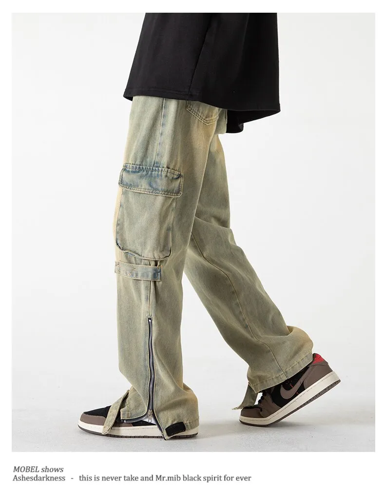 Bonsir Baggy Cargo Jeans big pocket Trousers Male Denim Pants Flared Pant women's Jeans Loose Casual Streetwear Hip Hop Harajuku