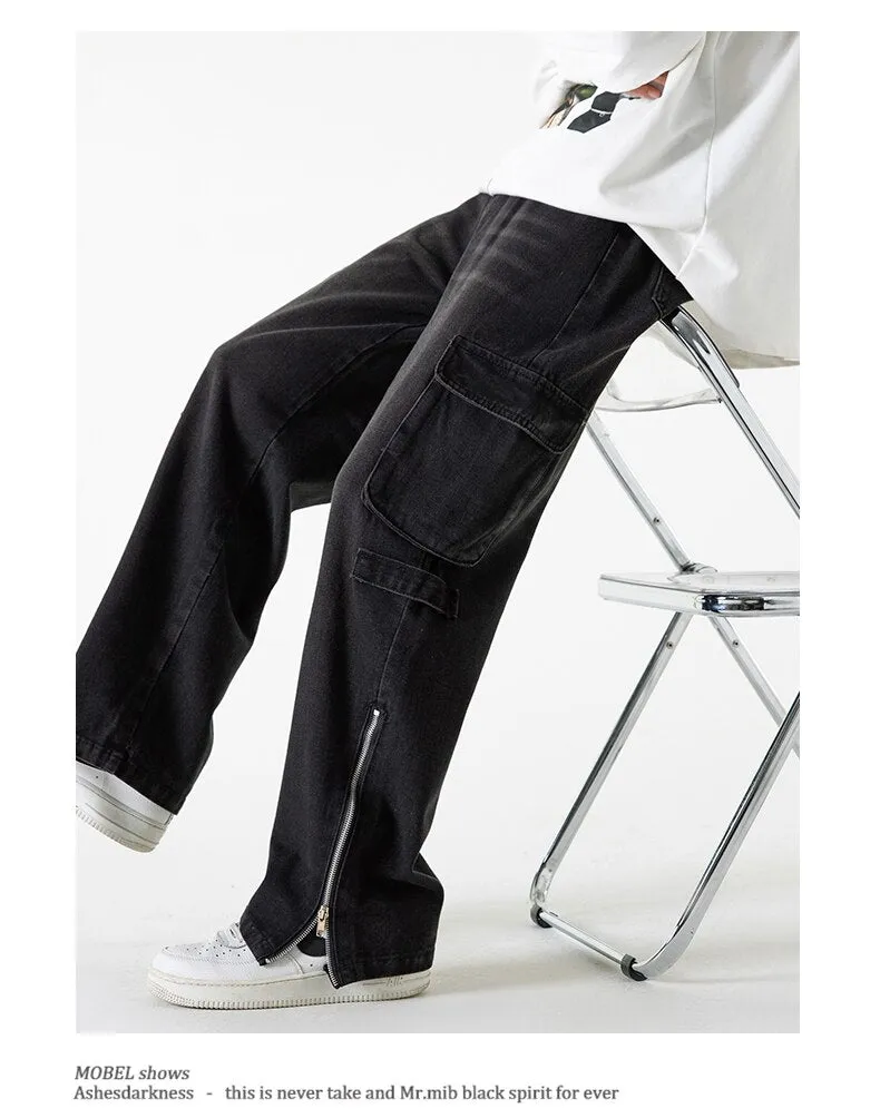 Bonsir Baggy Cargo Jeans big pocket Trousers Male Denim Pants Flared Pant women's Jeans Loose Casual Streetwear Hip Hop Harajuku