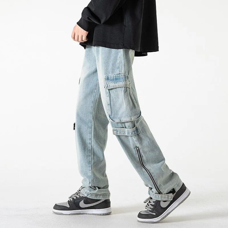 Bonsir Baggy Cargo Jeans big pocket Trousers Male Denim Pants Flared Pant women's Jeans Loose Casual Streetwear Hip Hop Harajuku