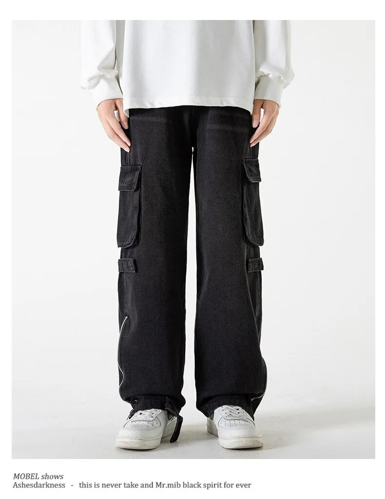 Bonsir Baggy Cargo Jeans big pocket Trousers Male Denim Pants Flared Pant women's Jeans Loose Casual Streetwear Hip Hop Harajuku