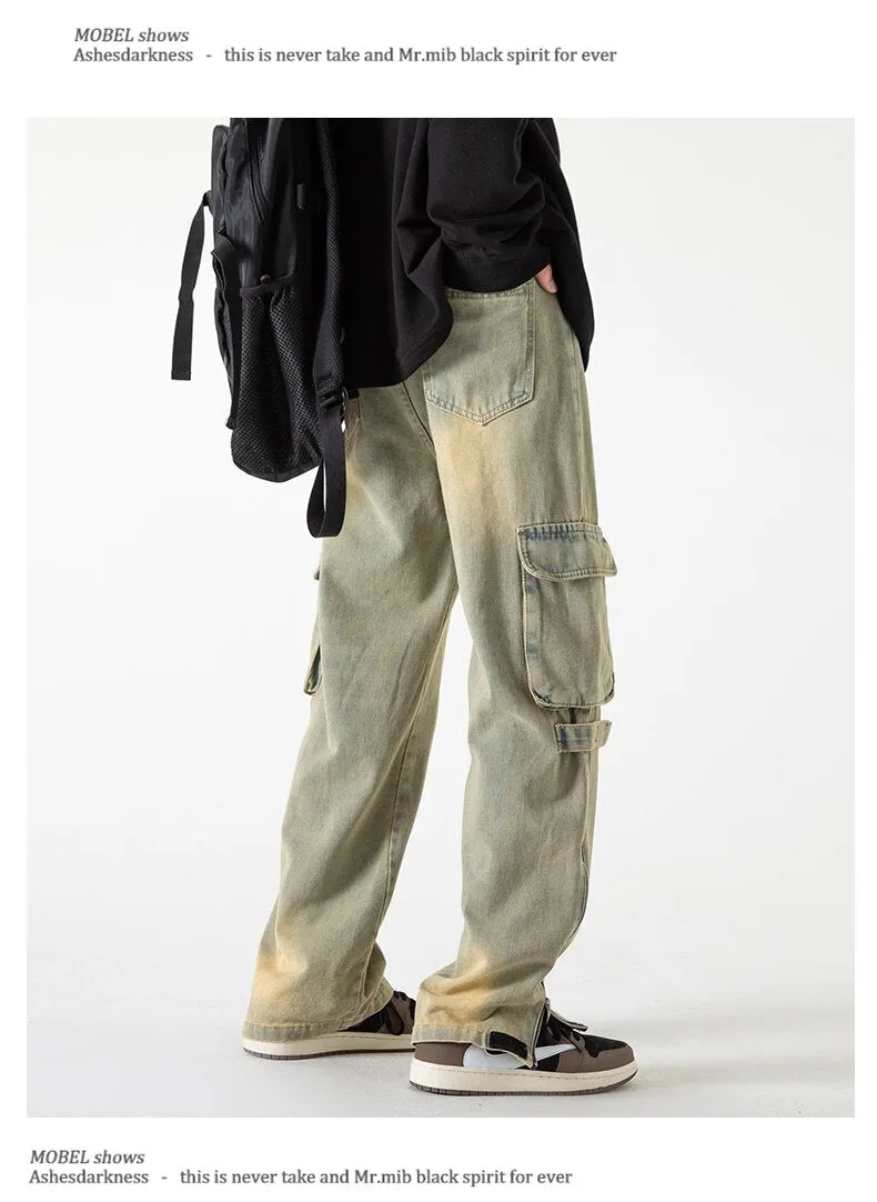 Bonsir Baggy Cargo Jeans big pocket Trousers Male Denim Pants Flared Pant women's Jeans Loose Casual Streetwear Hip Hop Harajuku