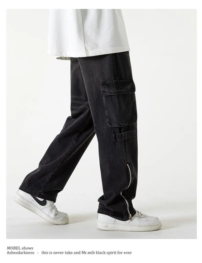 Bonsir Baggy Cargo Jeans big pocket Trousers Male Denim Pants Flared Pant women's Jeans Loose Casual Streetwear Hip Hop Harajuku