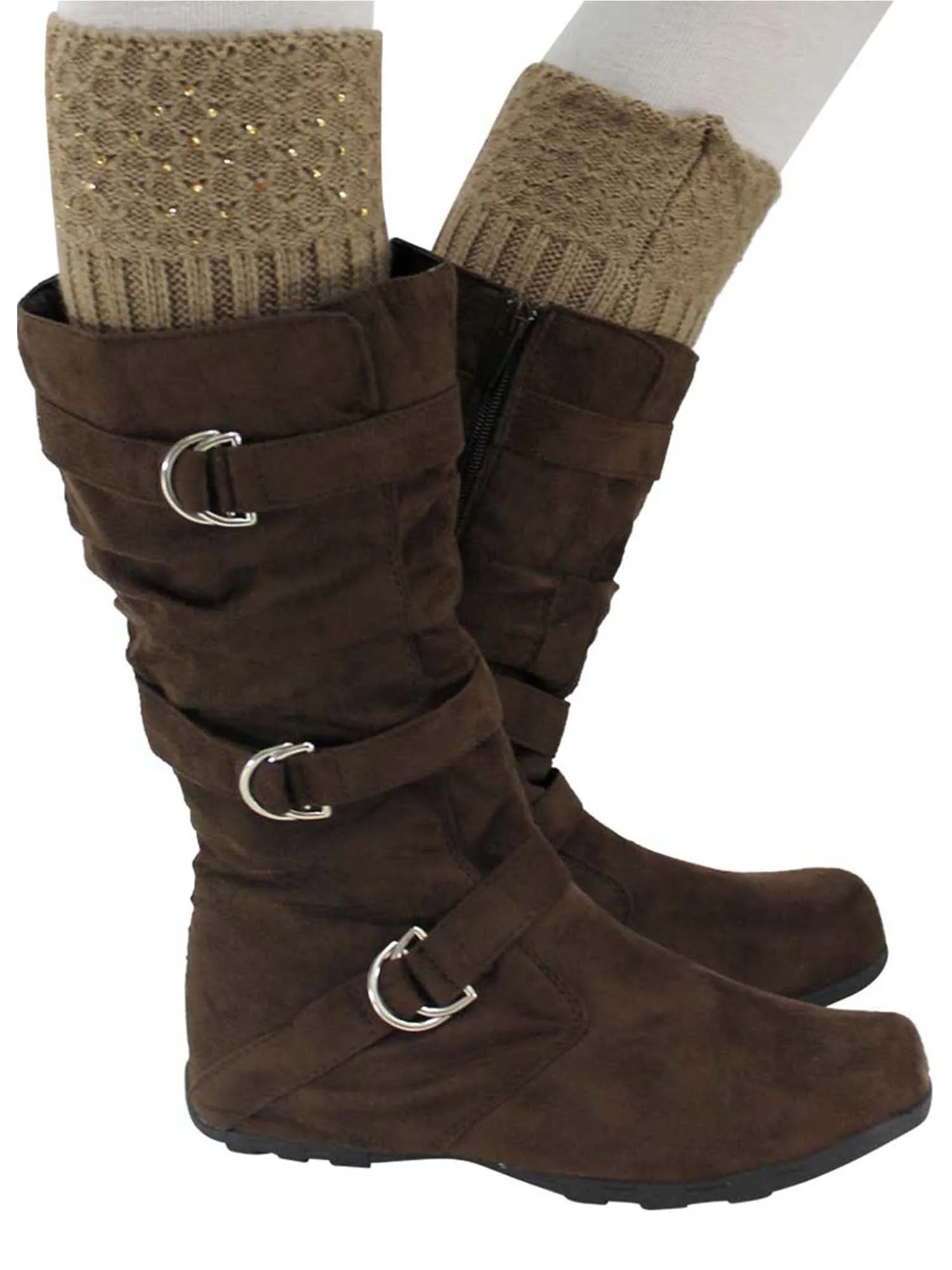 Camel Tan Knit Boot Cuff Leg Warmers With Rhinestones