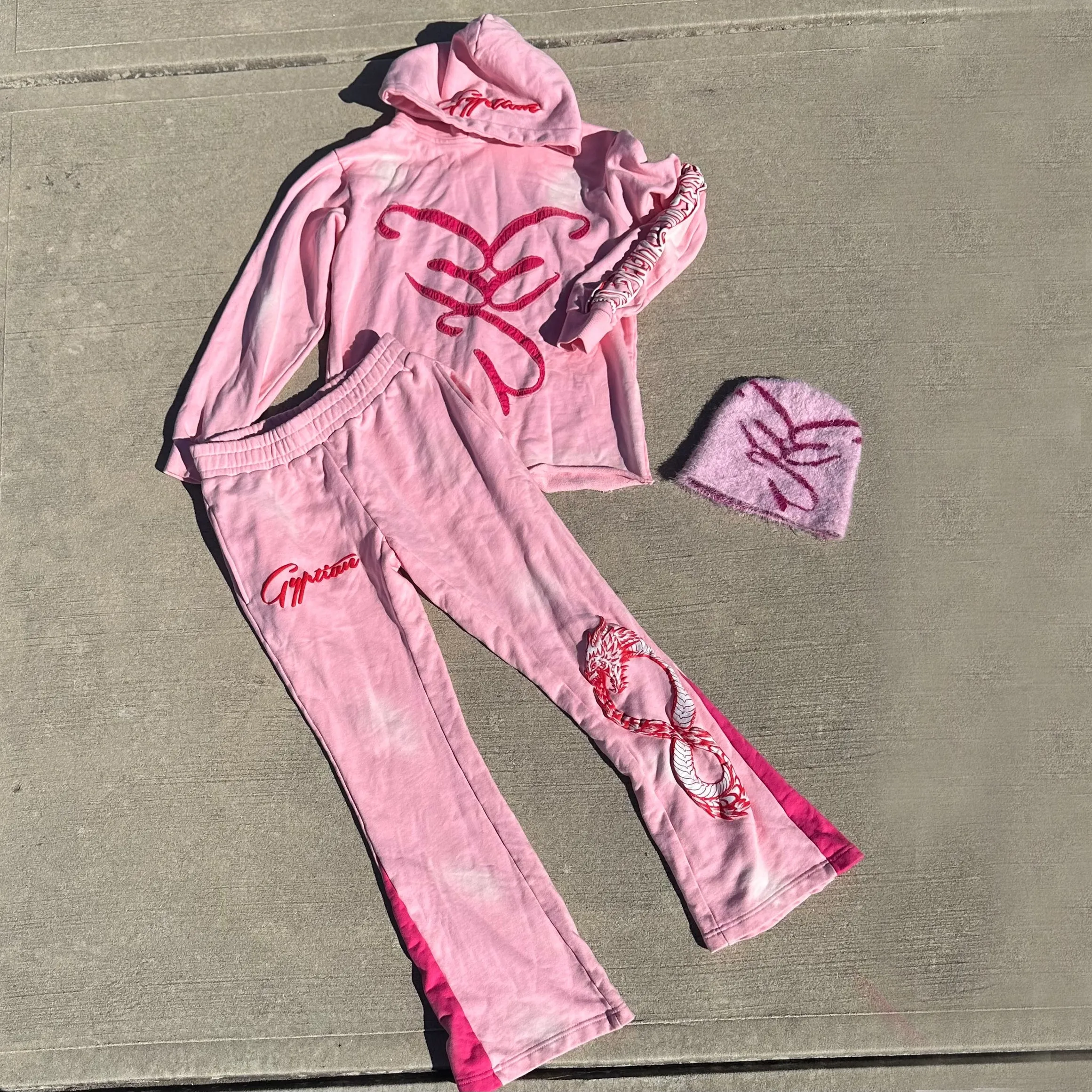 Casual retro printed hoodie and flared pants two-piece set