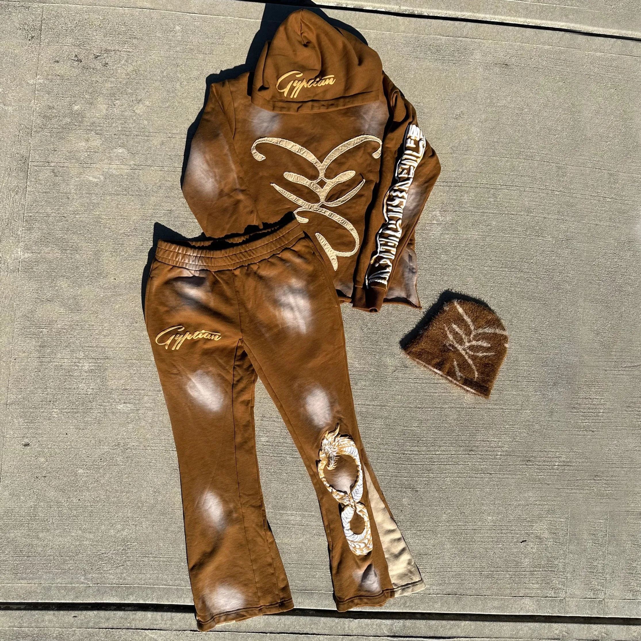 Casual retro printed hoodie and flared pants two-piece set