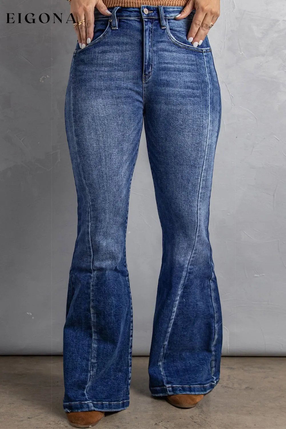 Dark Blue Plus Size Stitching Washed Flare Jeans