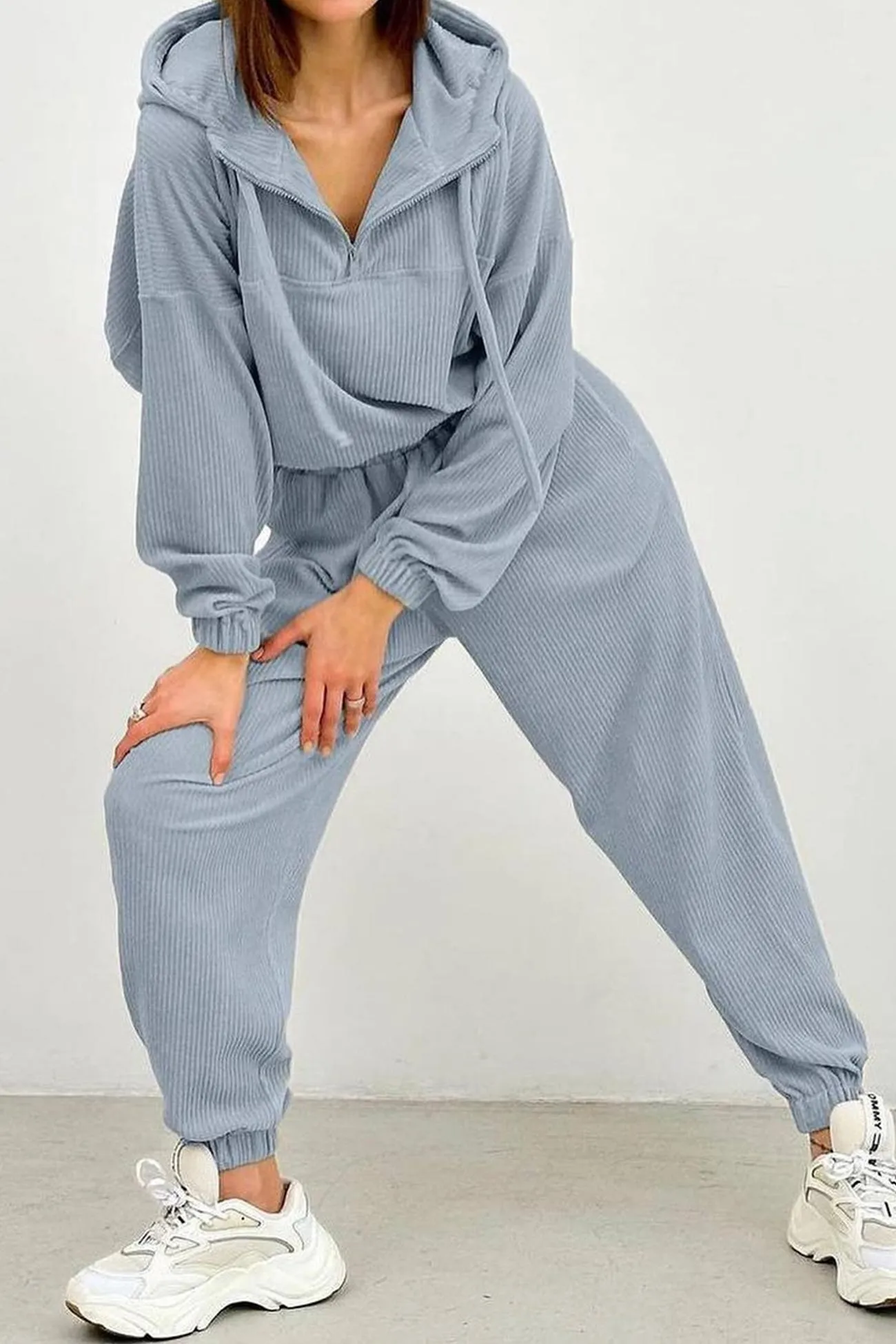 Drawstring Zip-up Hoodie Long Pants Suits