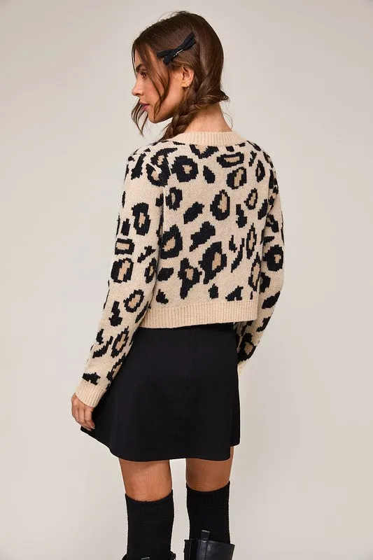 Erin Long Sleeve Bow Tie Leopard Print Cardigan Taupe