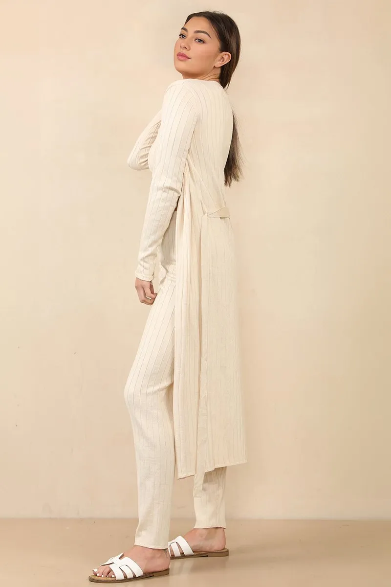 Fall Solid Casual U Neck Crop Top & Stretch Trousers With Long Cardigan Three-Piece Sets
