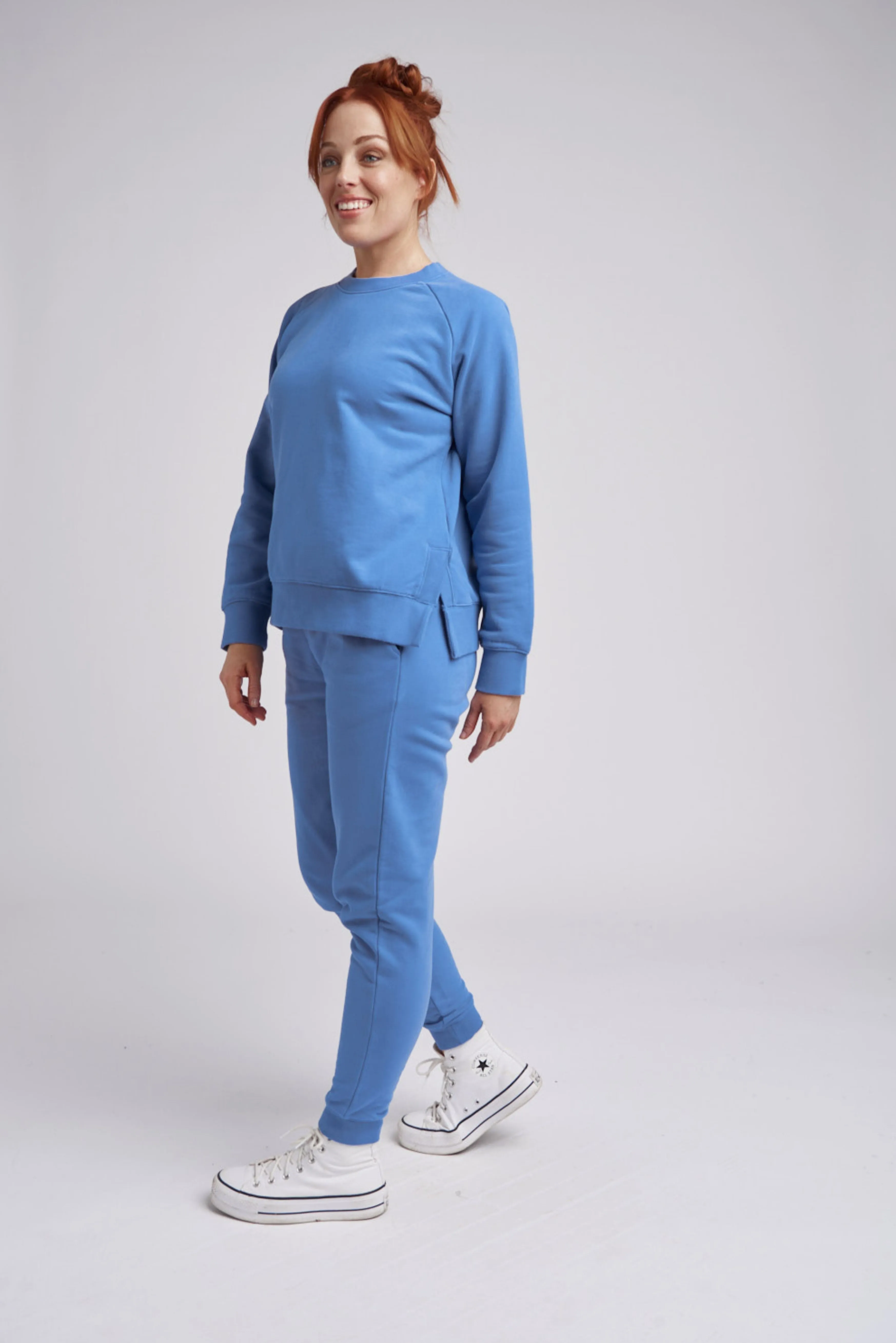 Fleece Plain Side Split Sweater Denim Blue