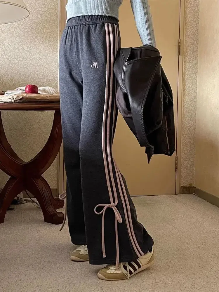 Girlary Sweet Striped Flared Sweatpants Women Y2k Vintage Bow Korean Fashion Pants Harajuku Baggy Gray Trousers Aesthetic 2024