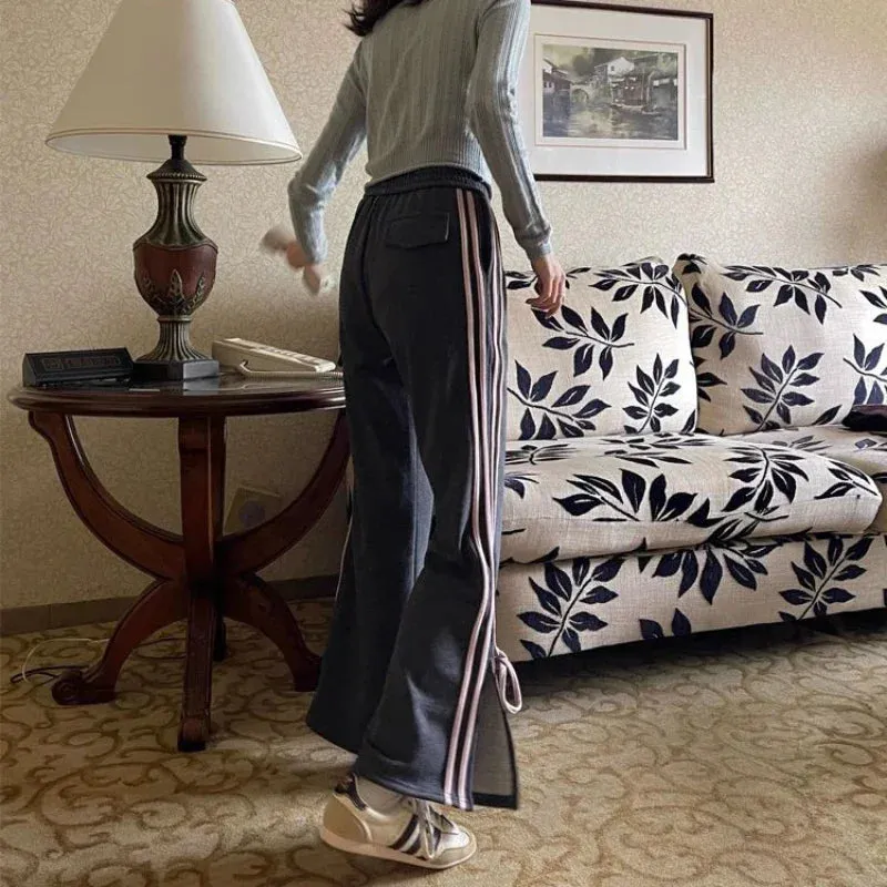 Girlary Sweet Striped Flared Sweatpants Women Y2k Vintage Bow Korean Fashion Pants Harajuku Baggy Gray Trousers Aesthetic 2024