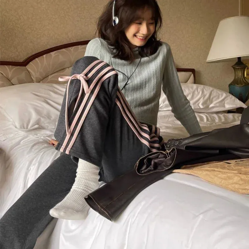 Girlary Sweet Striped Flared Sweatpants Women Y2k Vintage Bow Korean Fashion Pants Harajuku Baggy Gray Trousers Aesthetic 2024