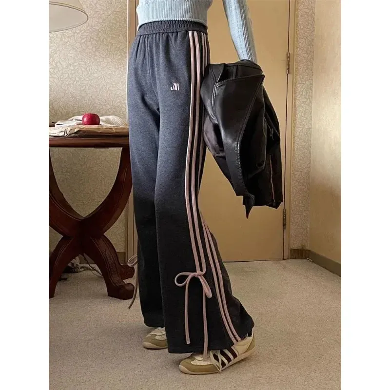 Girlary Sweet Striped Flared Sweatpants Women Y2k Vintage Bow Korean Fashion Pants Harajuku Baggy Gray Trousers Aesthetic 2024