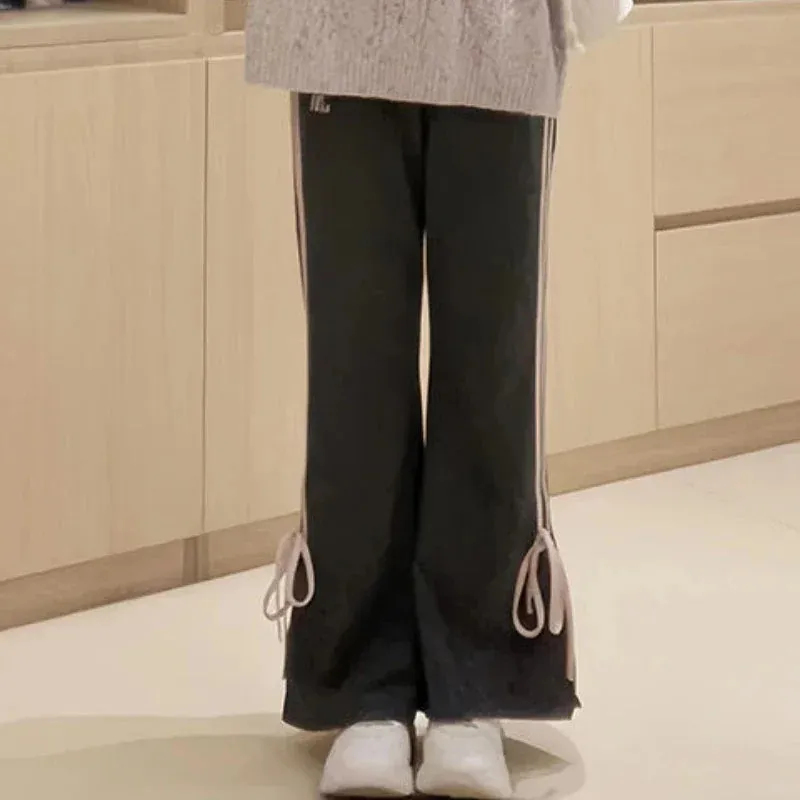 Girlary Sweet Striped Flared Sweatpants Women Y2k Vintage Bow Korean Fashion Pants Harajuku Baggy Gray Trousers Aesthetic 2024