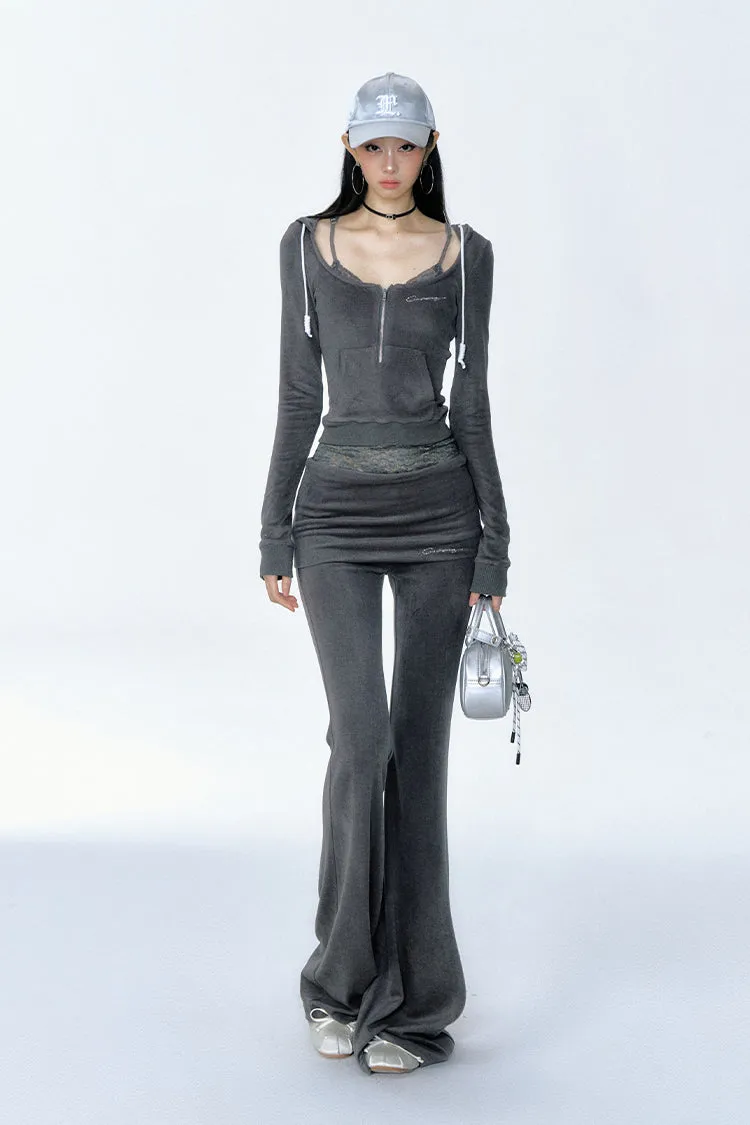 Half Zip Slim Velvet Style Hoodie Top & Flared Slim Pants CUR0139
