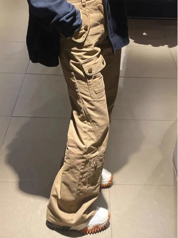 Joskaa American Retro Street Flared Jeans for Women Y2k E-Girl High Waist Straight Cargo Pants 2024 Spring New Loose Wide Leg