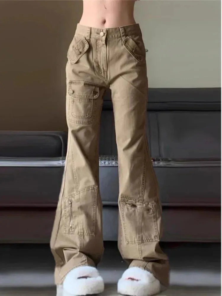 Joskaa American Retro Street Flared Jeans for Women Y2k E-Girl High Waist Straight Cargo Pants 2024 Spring New Loose Wide Leg